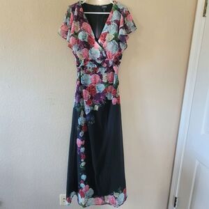 Ulla Popken Maxi Dress Plus Size 18 Floral Flowy V Neck Lined Tie Back Nwt